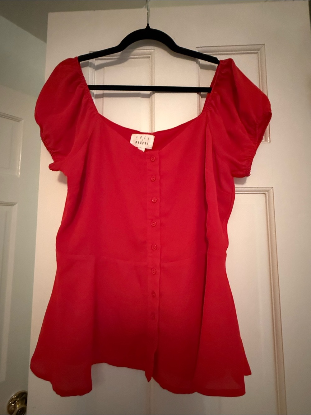 Lost + Wander Red Puff Sleeve Button-Front Blouse